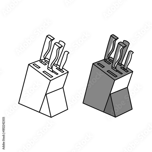 Kitchen knife block set outline and filled design.