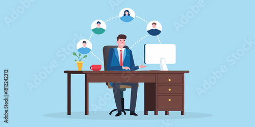 Businessman managing remote team connections from his office desk