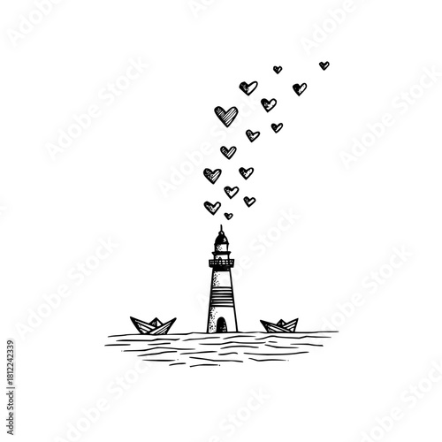 A lighthouse with hearts isolated on in a simple drawing