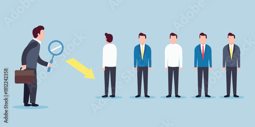 Business man inspecting candidates with magnifying glass and arrow