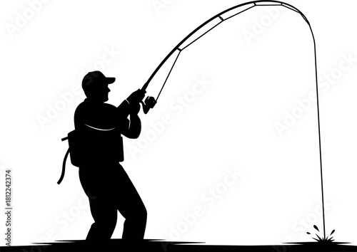 Silhouette of angler casting rod fishing in water