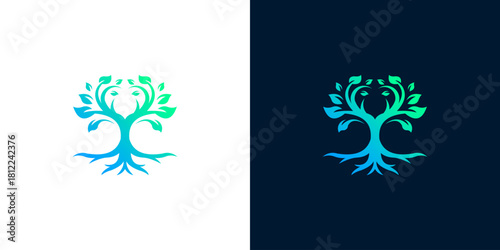 Elegant Abstract Tree Logo in Vibrant Blue-Green Gradient, Featuring Flowing Branches and Deep Roots, Symbolizing Organic Growth, Life, and Environmental Harmony