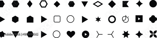 Extensive vector icon collection of black geometric shapes including hexagons, triangles, diamonds, hearts, play buttons, and stars, ideal for abstract designs, digital media, and interface elements, 