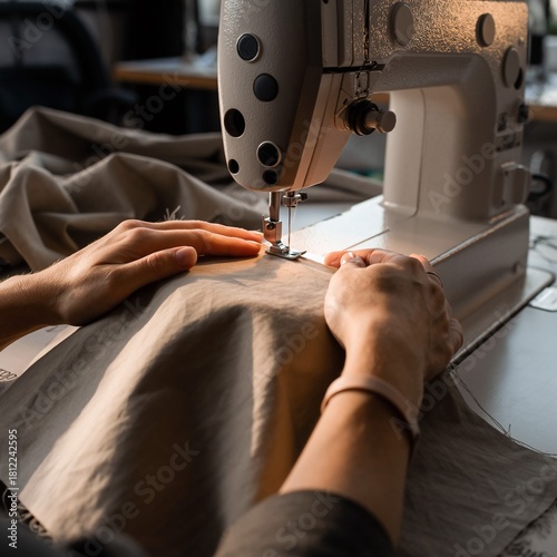 Manos femeninas guiando tela color neutro a través de una máquina de coser profesional; iluminación suave, detalles de hilo y aguja, ambiente de taller textil, estilo realista