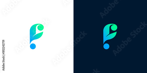 Abstract letter P logo with gradient blue and green colors on white and dark background, modern and elegant design