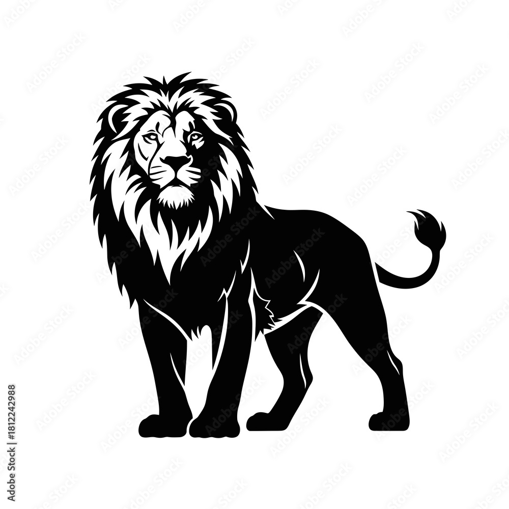 Obraz premium Majestic lion with a full mane standing proudly in a bold silhouette isolated on white background