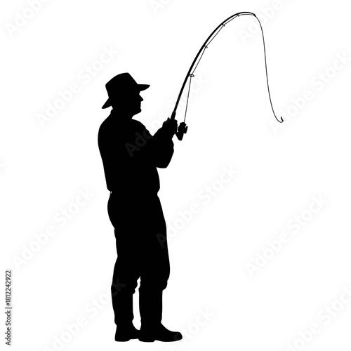 Silhouette of a man wearing a hat fishing with a rod and reel isolated on white background