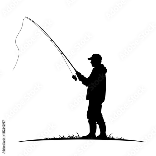 Silhouette of a fisherman casting a fishing rod with a bent pole isolated on white background