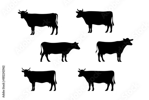 Silhouette cow illustration black farm animal graphic set of six standing cattle isolated livestock drawing rural agriculture concept simple outline rustic style peaceful mood