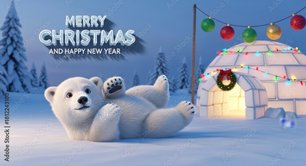 Fototapeta premium Playful Polar Bear Winter Holiday Scene - A whimsical cartoon of a polar bear enjoying a snowy Christmas and New Year scene, complete with an igloo and festive decorations