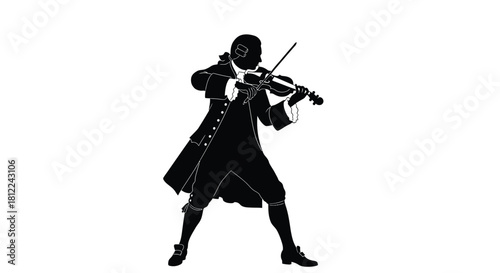 Silhouette of a historical figure playing the violin with dramatic flair