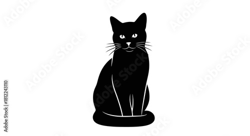 Elegant black cat silhouette sitting gracefully with tail curled isolated on white background