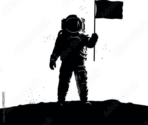 Astronaut planting black flag on alien planet silhouette