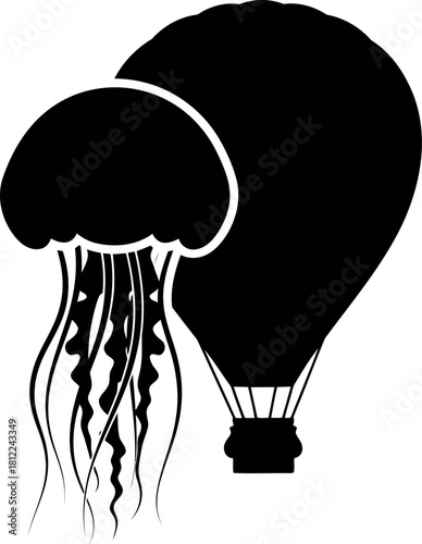 Jellyfish and hot air balloon silhouette duo