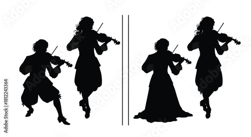 Silhouette quartet of musicians playing violins in a stylized arrangement