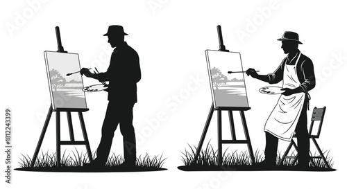 Two artists painting landscapes on canvases with easels a black and white illustration