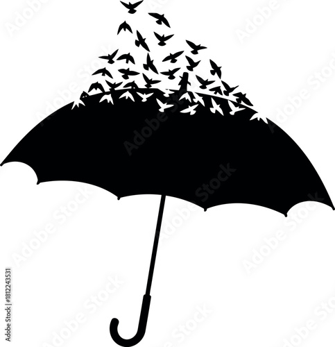 Umbrella silhouette with swarm of birds