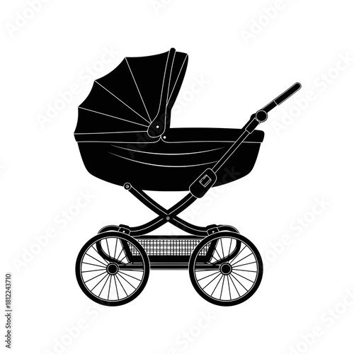 Classic vintage baby carriage silhouette isolated on white background