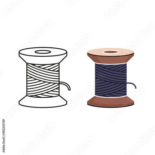 Sewing thread bobbin outline and color cartoon icons
