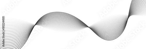 Dotted wave line background. Black halftone undulate pattern. Abstract particle flow wave wallpaper. Curved dashed gradient net design element. eps10