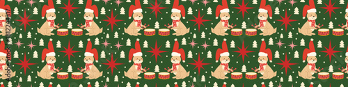 Festive Christmas border pattern with adorable bunny and holiday decorations. Winter design background with forest animals, stars, and ornaments for seasonal celebration cards.