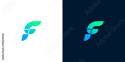 Modern abstract letter F logo in blue and green gradient, suitable for technology or business branding