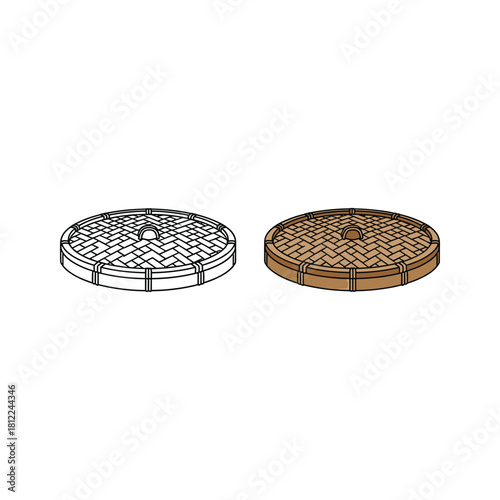 Traditional bamboo steamer lid outline and colored art