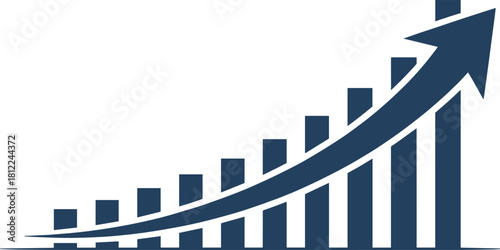 Rising bar chart showing continuous financial growth, success, and positive progress, with a large, curved arrow pointing upward, symbolizing business achievement, increase, 