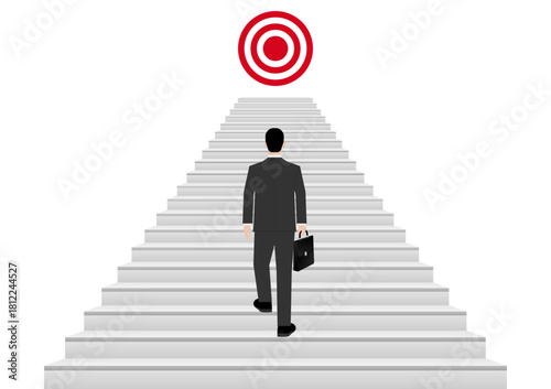 Businessman walking Upstairs to Achieve his  Goal. Business Success or Goal Achievement Concept. Vector Illustration. 