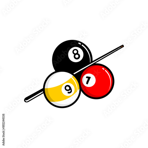 three pool balls and stick