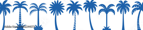Set of blue vector palm tree silhouettes in various styles, symbolizing tropical vacation, travel, beach resort, exotic island, summer paradise, nature, sun, and stylized jungle graphic elements.