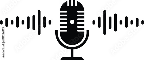 Retro microphone icon with digital sound wave lines, symbolizing audio recording, podcasting, broadcasting, communication, music, voice, radio, and speech, vector illustration, isolated on white 