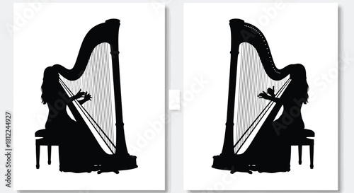 Silhouette of a harpist playing a large instrument in a minimalist style