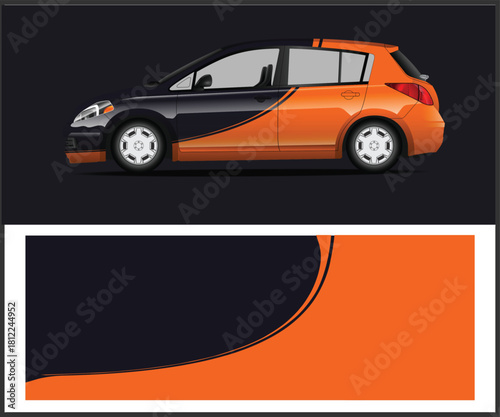 Modern car wrap design with dynamic orange and black graphics for vehicle customization