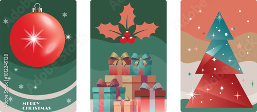 Festive christmas card designs featuring ornaments holly gifts and a tree