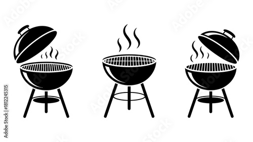 Set of three black barbecue grills with smoke rising, featuring open and closed lids, simple vector illustrations for outdoor cooking and summer events