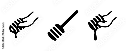 Minimalist black vector icon set of honey dippers, including a hand holding one with dripping honey, symbolizing natural sweetness.