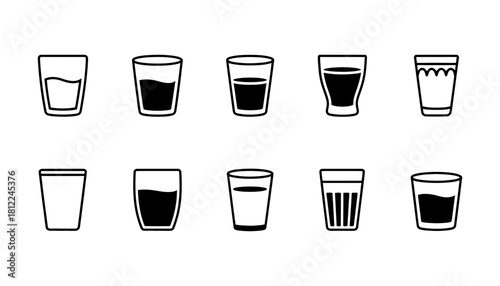 Outline vector illustration showcasing a diverse set of drinking glasses, some partially filled with liquid, others completely empty, depicting various beverage container icons.