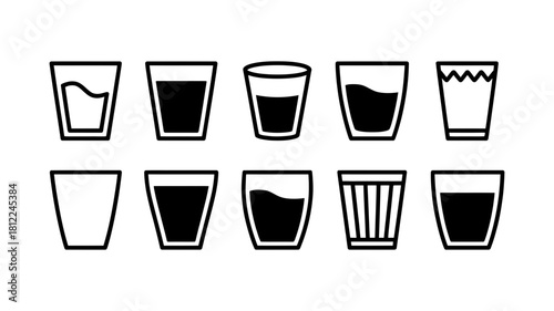 Set of minimalist line art icons featuring various drinking glasses, some empty, others containing different levels of liquid, for design use.
