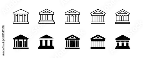 Outline and solid filled icons of neoclassical buildings representing banks, financial institutions, government offices, and legal structures for apps.