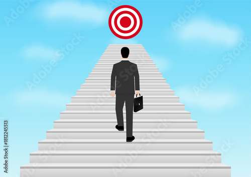 Businessman walking Upstairs to Achieve his  Goal. Business Success or Goal Achievement Concept. Vector Illustration. 