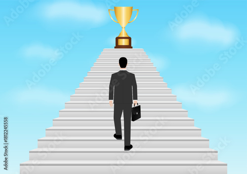 Businessman walking Upstairs toward Trophy. Business Success or Goal Achievement Concept. Vector Illustration. 