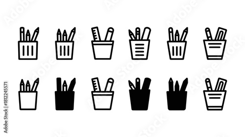 Outline and solid icons of pen holders filled with pens, pencils, and rulers, representing office stationery organization and creative workspace essentials