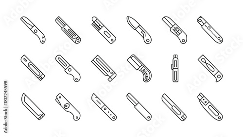 Collection of various utility knives, box cutters, and folding blades line art icons for craft, diy, office, and construction projects, on isolated background.