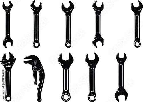 Collection of Wrench Silhouettes Tools Spanner Equipment Open-End Adjustable Monkey Wrench Repair Maintenance Mechanic Engineering Industry Isolated White Background