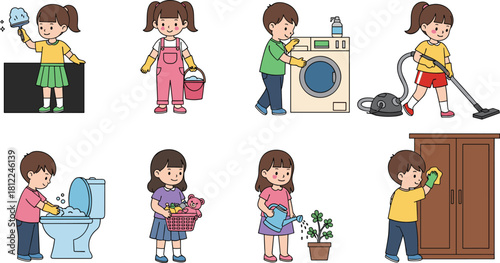 Children doing chores, cartoon kids, cleaning tasks, laundry, vacuuming, toilet scrubbing, watering plants, household work, home care, illustration