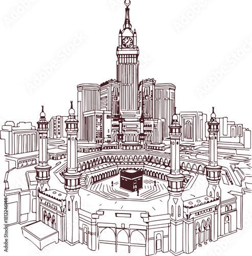 Grand Mosque Mecca and Kaaba Line Art Illustration