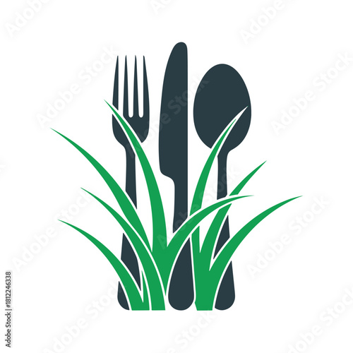 Dark blue fork knife spoon silhouette with green grass blades cutlery utensil