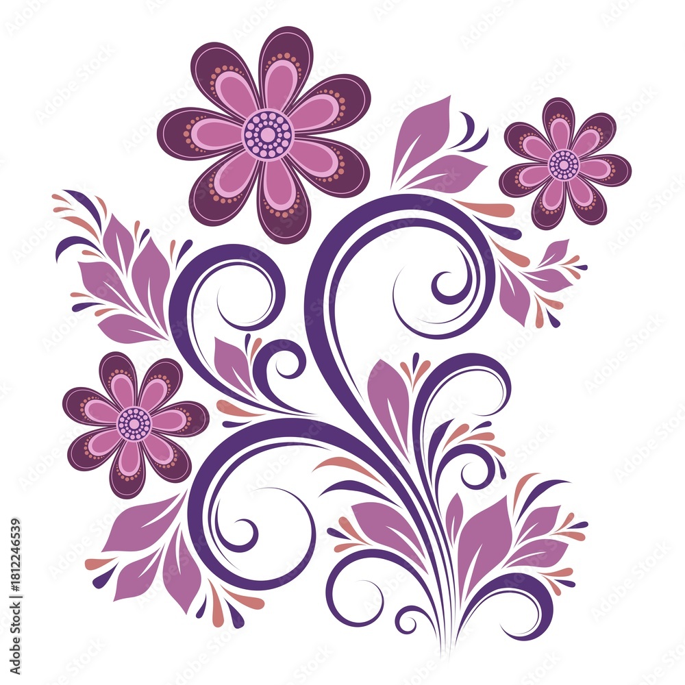Fototapeta premium Floral decorative colorful pattern with flowers, swirls, and leaves of pink, purple, and beige colors on a white isolated background, Floral design element.