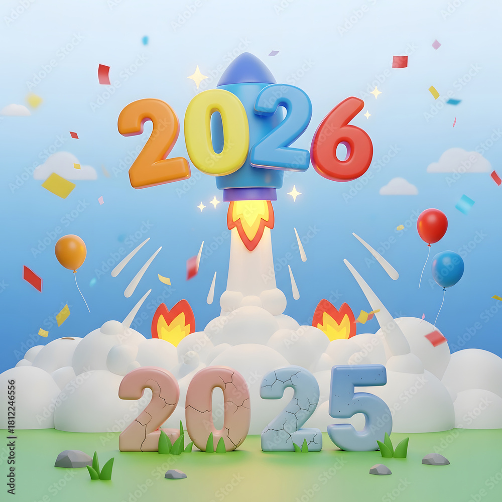 Obraz premium 2026 New Year Rocket Launch Celebration with Confetti and Balloons. AI Generated